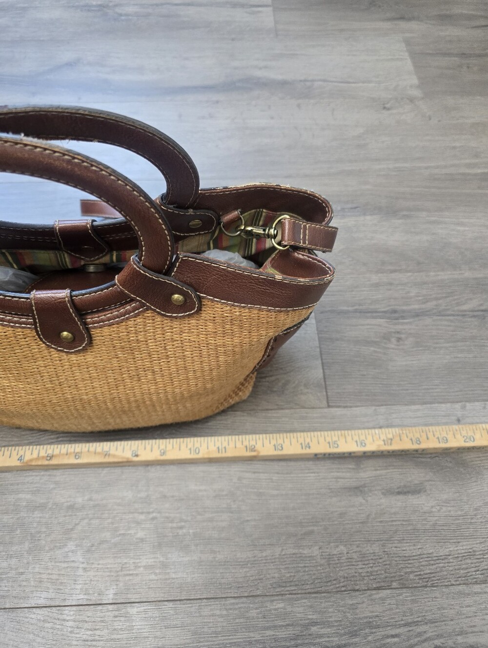 Fossil woven straw and brown leather trim satchel Vintage Cottagecore Fisherman - Picture 4 of 12